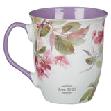 Strength and Dignity Hummingbird Purple Ceramic Coffee Mug - Proverbs 31:25