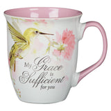 My Grace is Sufficient Hummingbird Pink Ceramic Coffee Mug - 2 Corinthians 12:9 - KI Gifts Christian Supplies