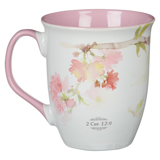 My Grace is Sufficient Hummingbird Pink Ceramic Coffee Mug - 2 Corinthians 12:9