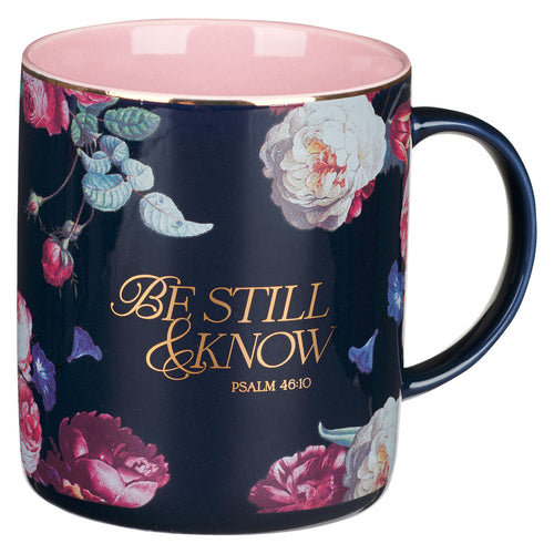 Be Still and Know Midnight Blue Floral Ceramic Mug - Psalm 46:10