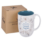 Great Nurse White and Teal Ceramic Coffee Mug - Proverbs 31:25