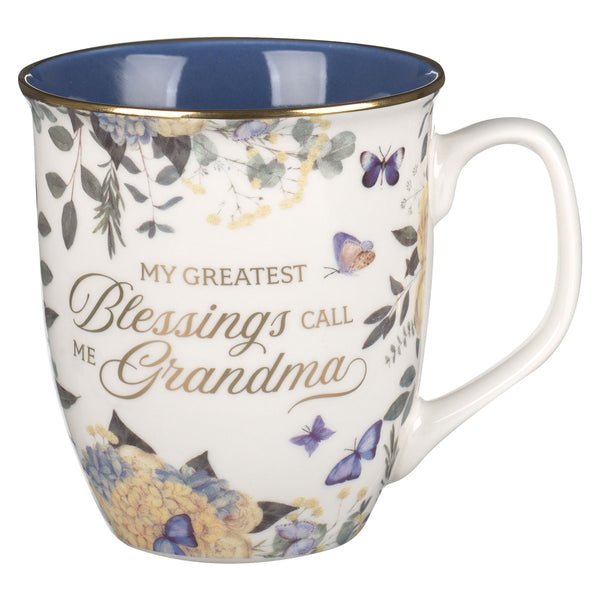 Grandma's Greatest Blessings Blue Floral Ceramic Coffee Mug - Proverbs 31:25 - KI Gifts Christian Supplies