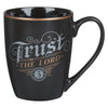 Trust in the Lord Black and Gold Ceramic Coffee Mug - Proverbs 3:5 - KI Gifts Christian Supplies