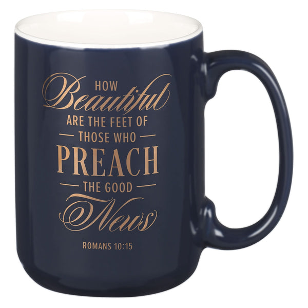 Beautiful Are the Feet Navy Ceramic Coffee Mug - Romans 10:15 - KI Gifts Christian Supplies