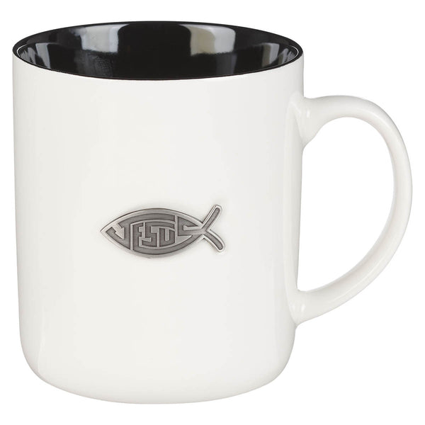 Jesus Fish Metal Inlay White Ceramic Coffee Mug - Matthew 28:19 - KI Gifts Christian Supplies