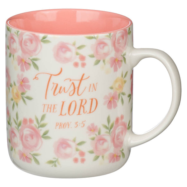 Trust in the Lord Pink Rose Ceramic Coffee Mug - Proverbs 3:5 - KI Gifts Christian Supplies