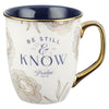 Be Still and Know Blue and Gold Floral Ceramic Mug - Psalm 46:10 - KI Gifts Christian Supplies