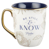 Be Still and Know Blue and Gold Floral Ceramic Mug - Psalm 46:10