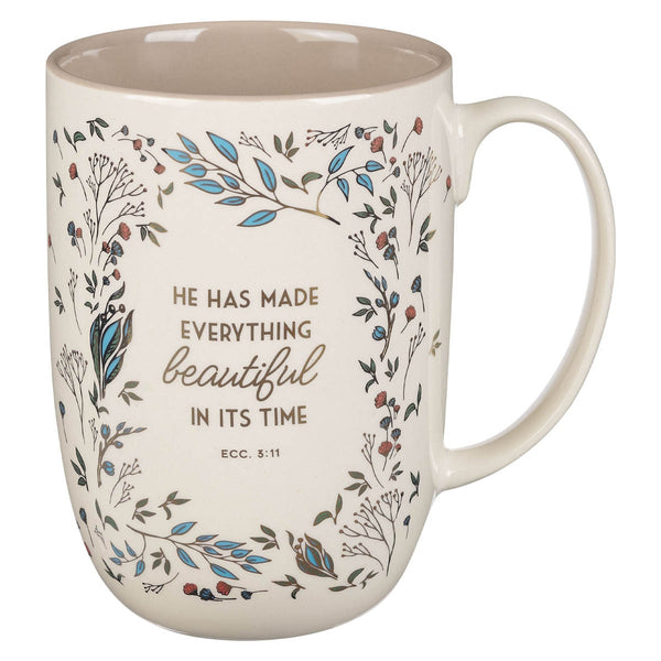 Everything Beautiful Cream Floral Ceramic Coffee Mug - Ecclesiastes 3:11 - KI Gifts Christian Supplies