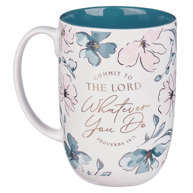 Whatever You Do Teal Floral Ceramic Coffee Mug - Proverbs 16:3