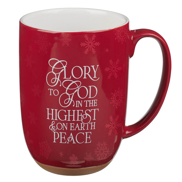 Glory to God Red Ceramic Coffee Mug with Exposed Clay Base - Luke 2:14 - KI Gifts Christian Supplies