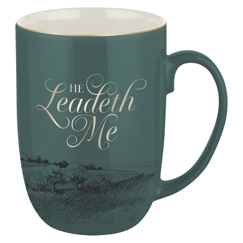 He Leadeth Me Deep Green Ceramic Coffee Mug – Psalm 23 - KI Gifts Christian Supplies