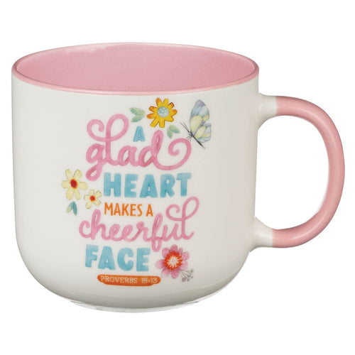 A Glad Heart Makes a Cheerful Face Pink Ceramic Mug - Proverbs 15:13 - KI Gifts Christian Supplies