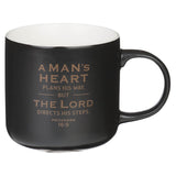 A Man's Heart Black Ceramic Coffee Mug - Proverbs 16:9 - KI Gifts Christian Supplies
