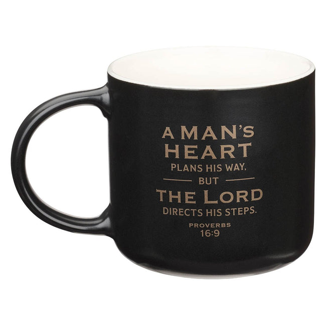 A Man's Heart Black Ceramic Coffee Mug - Proverbs 16:9