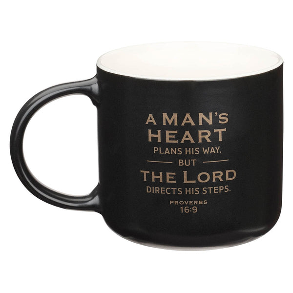 A Man's Heart Black Ceramic Coffee Mug - Proverbs 16:9