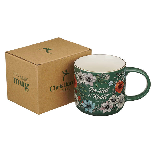 Be Still Teal Botanical Ceramic Coffee Mug - Psalm 46:10