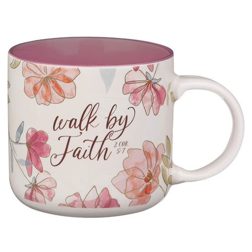 Walk by Faith Pink Cosmos Ceramic Mug - 2 Corinthians 5:7 - KI Gifts Christian Supplies