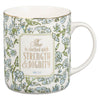 Strength and Dignity Blue Cottage Garden Ceramic Coffee Mug - Proverbs 31:25