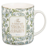 Strength and Dignity Blue Cottage Garden Ceramic Coffee Mug - Proverbs 31:25