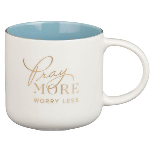 Pray More Worry Less Blue Ceramic Coffee Mug