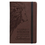 Strength and Defense Lion Walnut-Brown Faux Leather Hardcover Notebook with Elastic Band Closure - Exodus 15:2 - KI Gifts Christian Supplies