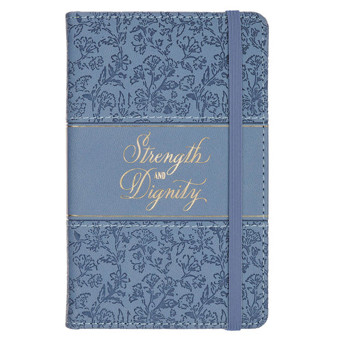 Strength and Dignity Blue Cottage Garden Faux Leather Hardcover Notebook with Elastic Band Closure - Proverbs 31:25