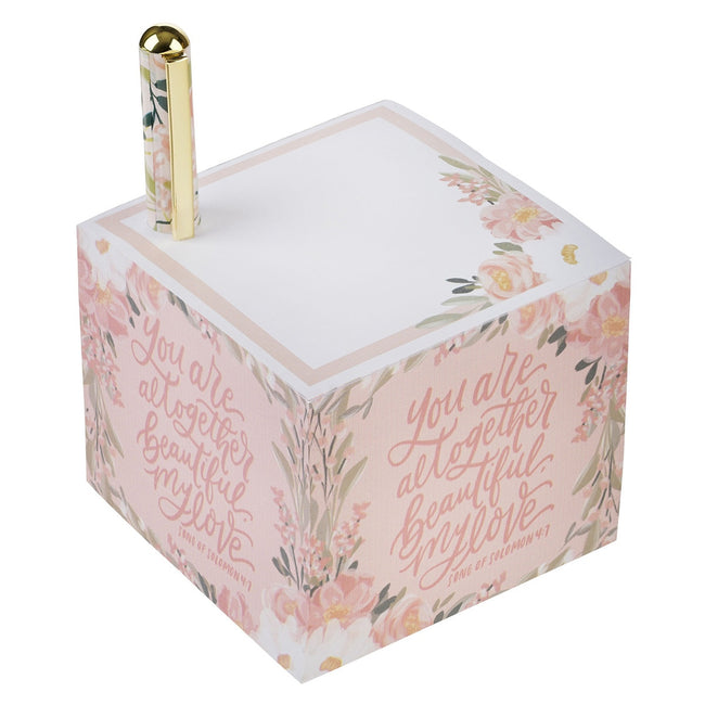 You Are Altogether Beautiful Pink Floral Note Block with Pen Set - Song of Solomon 4:7