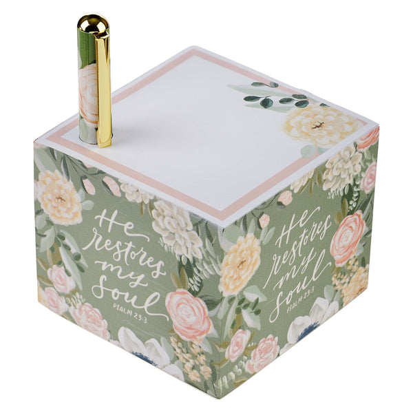 He Restores My Soul Green Floral Note Block and Pen Set - Psalm 23:3