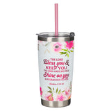 Bless You and Keep You White Floral Stainless Steel Travel Tumbler with Straw - Numbers 6:24-25