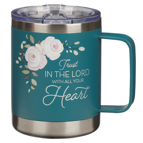 Trust in the Lord Teal Floral Camp-Style Stainless Steel Travel Mug - Proverbs 3:5 - KI Gifts Christian Supplies