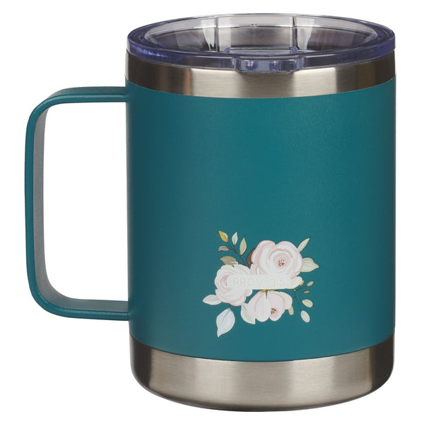 Trust in the Lord Teal Floral Camp-Style Stainless Steel Travel Mug - Proverbs 3:5