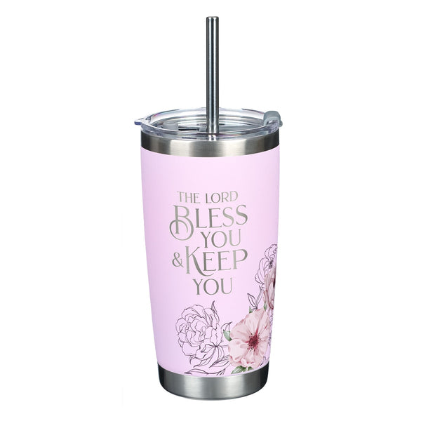 Bless You and Keep You Pink Floral Stainless Steel Travel Tumbler with Stainless Steel Straw - Numbers 6:24 - KI Gifts Christian Supplies