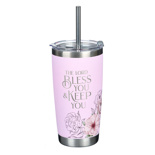 Bless You and Keep You Pink Floral Stainless Steel Travel Tumbler with Stainless Steel Straw - Numbers 6:24