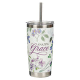 Amazing Grace Purple Floral Stainless Steel Travel Tumbler with Stainless Steel Straw - KI Gifts Christian Supplies