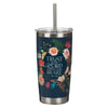 Trust Indigo Blue Floral Stainless Steel Travel Tumbler with Stainless Steel Straw - Proverbs 3:5 - KI Gifts Christian Supplies