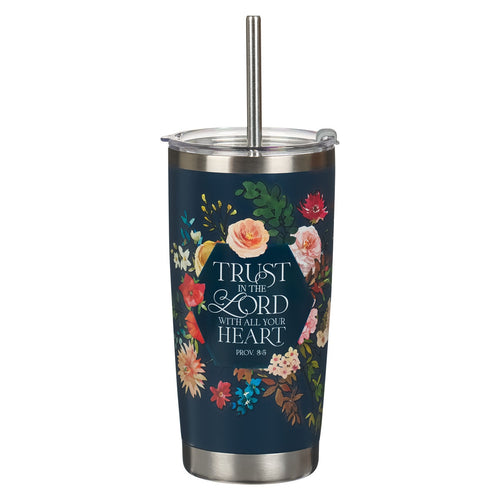 Trust Indigo Blue Floral Stainless Steel Travel Tumbler with Stainless Steel Straw - Proverbs 3:5 - KI Gifts Christian Supplies