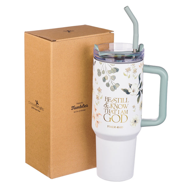 Be Still Teal Meadow 40 Oz Tumbler with Reusable Straw - Psalm 46:10