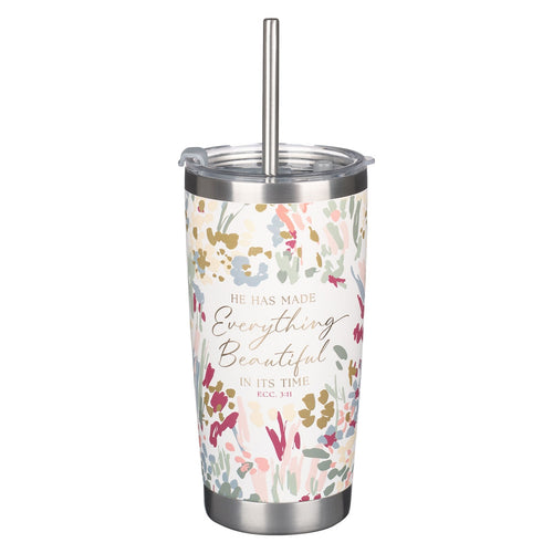 White Floral Everything Beautiful Stainless Steel Travel Mug with Reusable Stainless Steel Straw - Ecclesiastes 3:11 - KI Gifts Christian Supplies