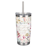 White Floral Everything Beautiful Stainless Steel Travel Mug with Reusable Stainless Steel Straw - Ecclesiastes 3:11 - KI Gifts Christian Supplies