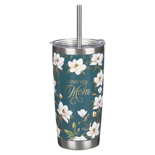 I Love You, Mom Blush Magnolia Stainless Steel Travel Tumbler with Reusable Straw - KI Gifts Christian Supplies