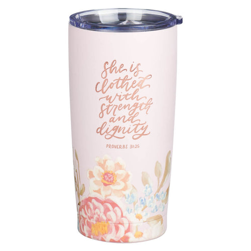 Strength and Dignity Pink Floral Stainless Steel Travel Tumbler - Proverbs 31:25 - KI Gifts Christian Supplies