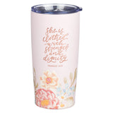 Strength and Dignity Pink Floral Stainless Steel Travel Tumbler - Proverbs 31:25 - KI Gifts Christian Supplies