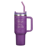 New Mercies Purple Floral 40 oz Stainless Steel Tumbler with Straw - Lamentations 3:22-23 - KI Gifts Christian Supplies