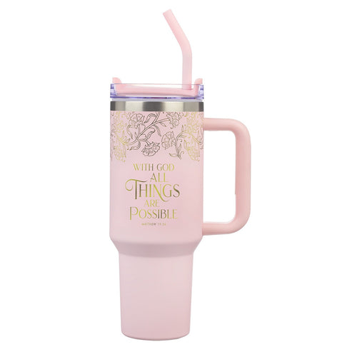 Things Are Possible Blush 40 oz Stainless Steel Travel Tumbler - Matthew 19:26 - KI Gifts Christian Supplies