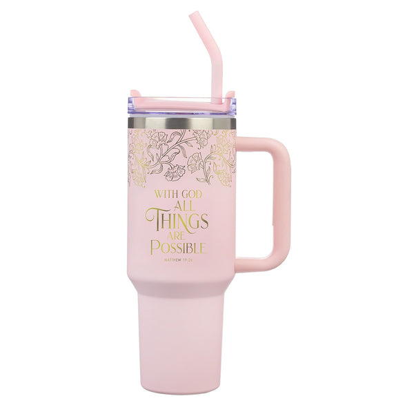 Things Are Possible Blush 40 oz Stainless Steel Travel Tumbler - Matthew 19:26 - KI Gifts Christian Supplies