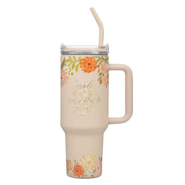 Consider the Wildflowers 40 oz Peach Stainless Steel Tumbler with Reusable Straw - Luke 12:27 - KI Gifts Christian Supplies