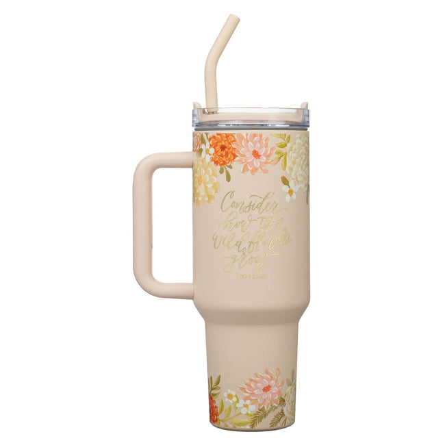 Consider the Wildflowers 40 oz Peach Stainless Steel Tumbler with Reusable Straw - Luke 12:27