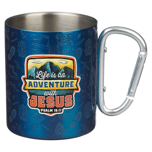 Adventure with Jesus Blue Trail Stainless Steel Camp-style Mug - Psalm 16:11 - KI Gifts Christian Supplies