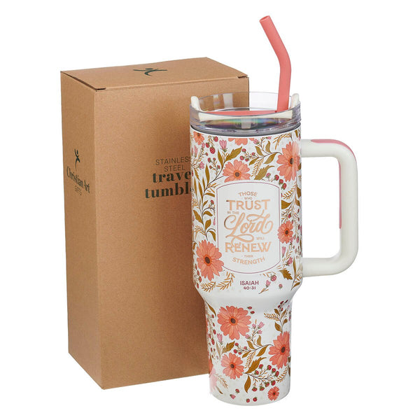 Trust In The Lord Coral Cascade 40 oz Stainless Steel Tumbler with Straw - Isaiah 40:31